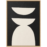 Abstract geometric composition with three white shapes stacked on a textured black background, framed in a light wood frame.