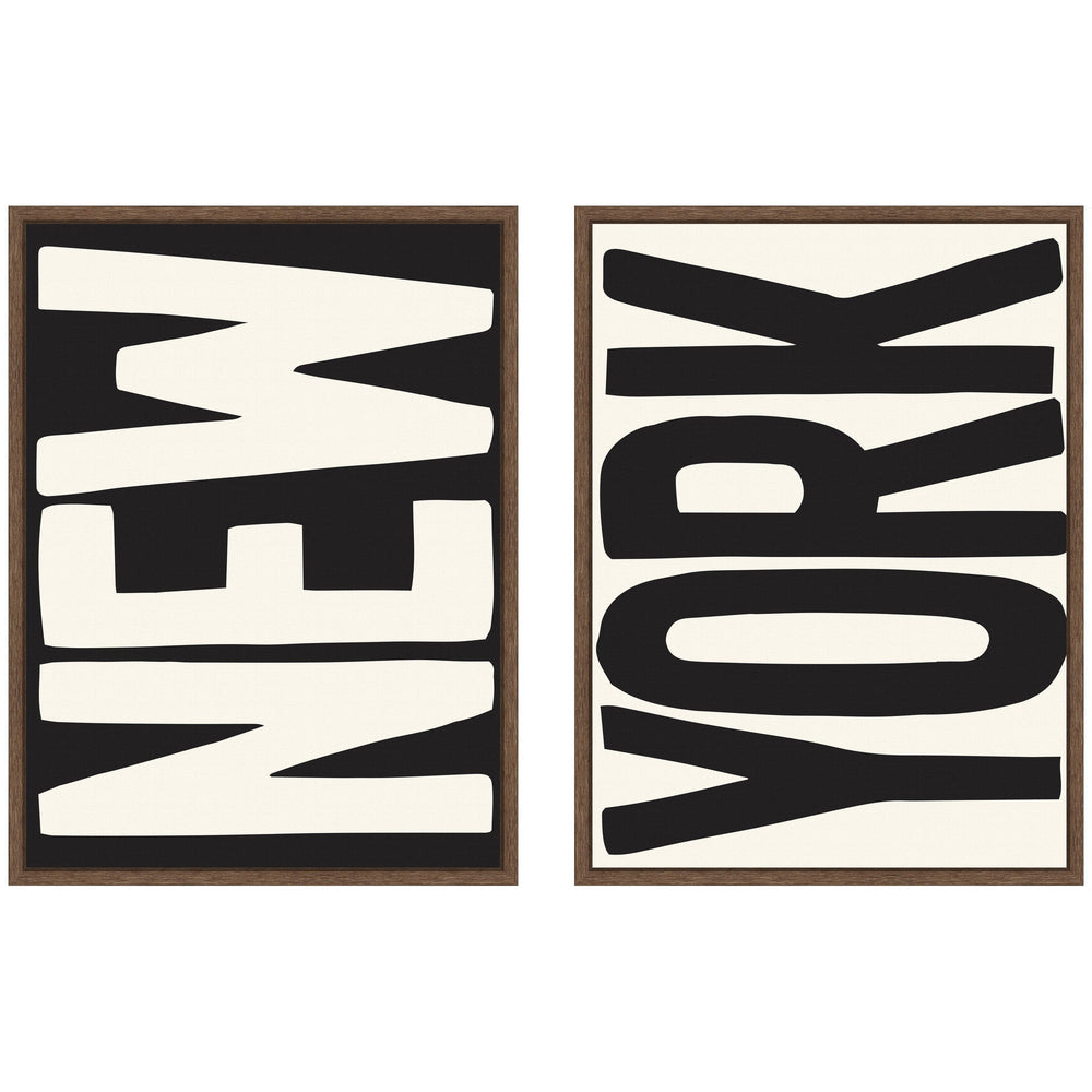 New York Set Print Travel City Typography Black and White 2 Piece Framed Canvas Wall Art Set by Lucky Guava displayed in a room