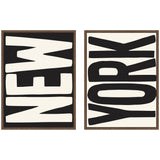 New York Set Print Travel City Typography Black and White 2 Piece Framed Canvas Wall Art Set by Lucky Guava displayed in a room