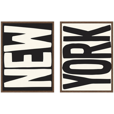 New York Set Print Travel City Typography Black and White 2 Piece Framed Canvas Wall Art Set by Lucky Guava displayed in a room