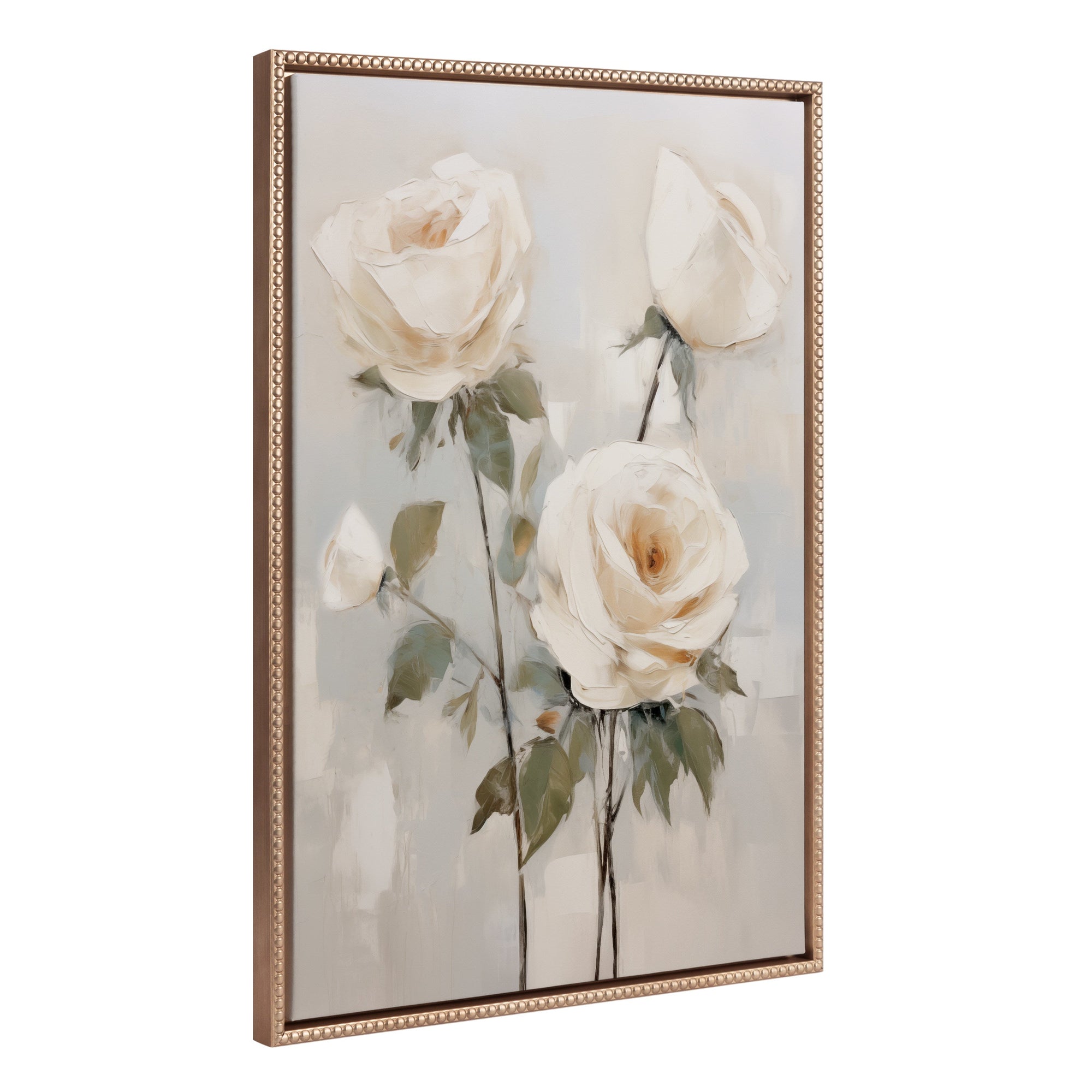 Sylvie Beaded Soft White Roses framed canvas art showing soft white roses with a vintage beaded frame