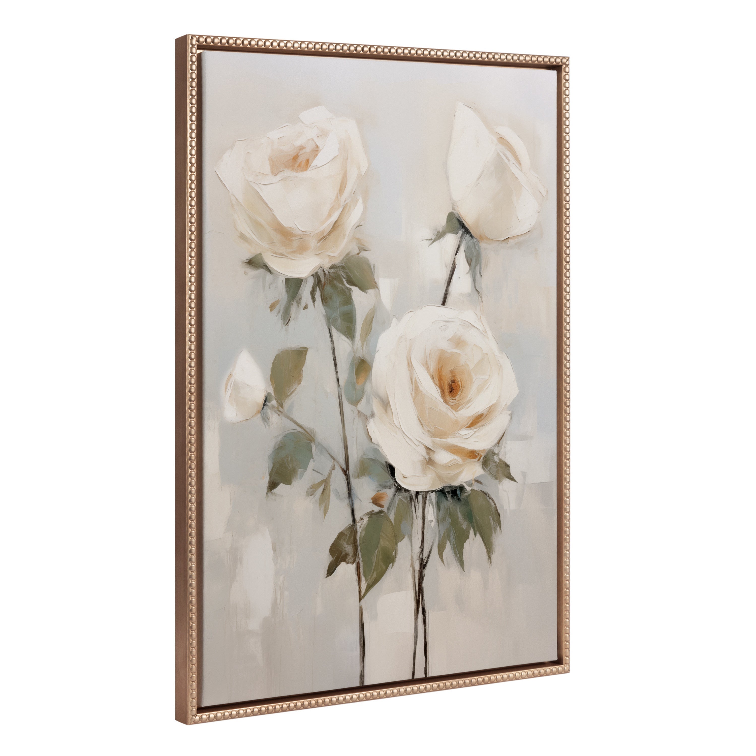 Sylvie Beaded Soft White Roses framed canvas art showing soft white roses with a vintage beaded frame