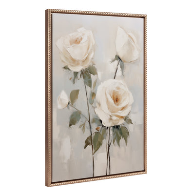 Sylvie Beaded Soft White Roses framed canvas art showing soft white roses with a vintage beaded frame