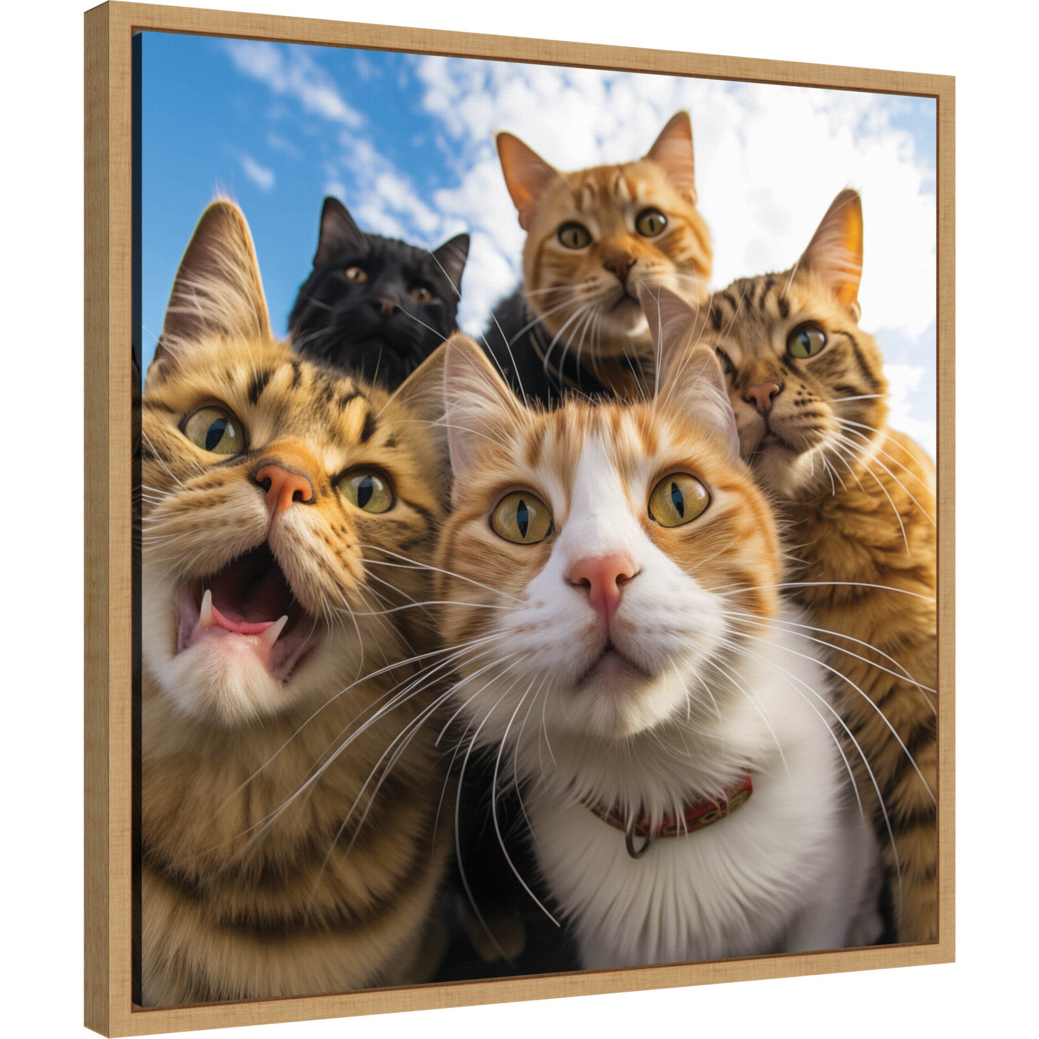 Framed canvas wall art of a funny cat taking a selfie, showing the lightweight polystyrene frame and modern design