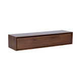 Rectangular floating console table in dark wood with a single wide drawer and integrated horizontal handle, shown from an angled front view on white background.