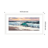 Framed painting of ocean waves rolling onto shore at sunset with soft pink and purple clouds and a turquoise wave cresting centrally.
