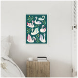 Framed canvas artwork featuring six stylized swans in white with colorful patterned wings on a dark teal background, hung above a rustic wooden bedside table.