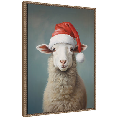 Sylvie Beaded Sweet Sheep Santa Hat Framed Canvas by The Creative Bunch Studio showing a sheep wearing a red Santa hat
