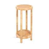 Tall round two-tier side table with woven wicker surfaces and four vertical wicker-wrapped legs in natural beige tones, isolated on white background.