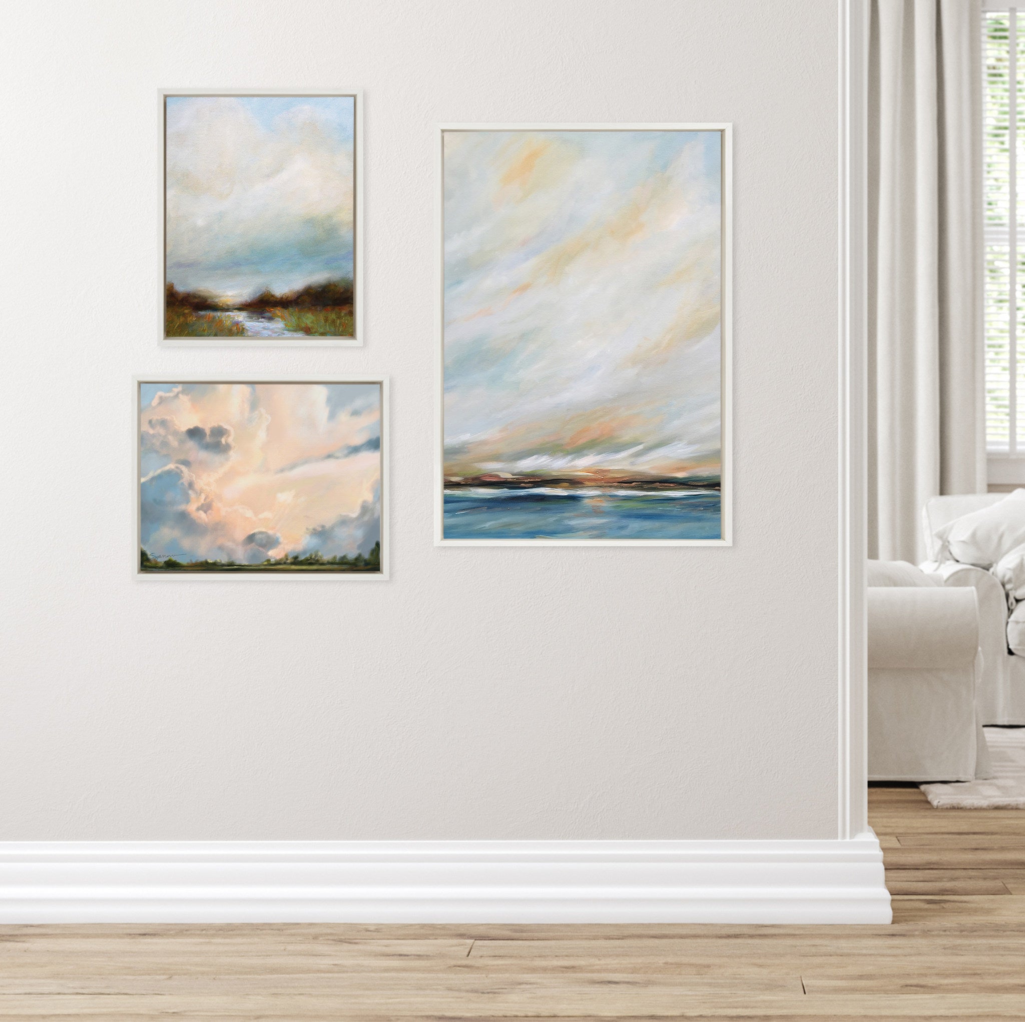 Sylvie Sunday Morning, Tranquility and Clouds Framed Canvas Art Set by Mary Sparrow