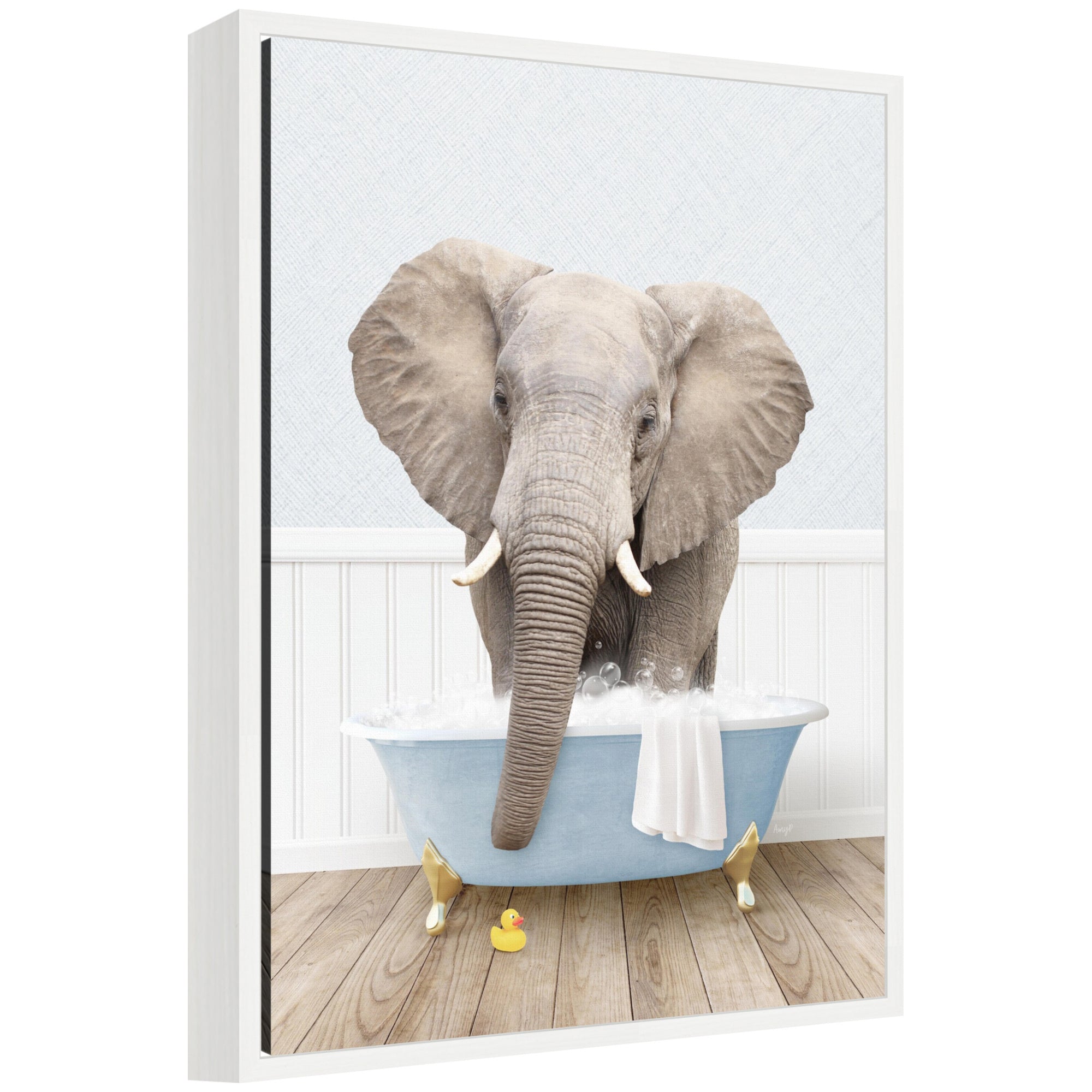 Framed canvas art depicting Sylvie Elephant in a cottage blue bathtub