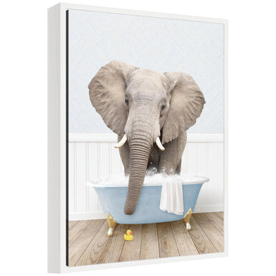 Framed canvas art depicting Sylvie Elephant in a cottage blue bathtub