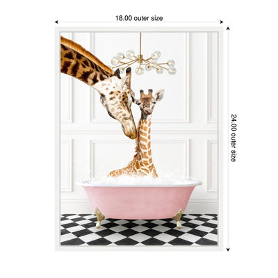 Sylvie Mother and Baby Giraffe in Pink Bathtub on Checker Floor Framed Canvas by Amy Peterson
