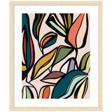Abstract botanical design with overlapping stylized leaves in teal, mustard, coral, and olive on a soft pink background, framed in light wood.