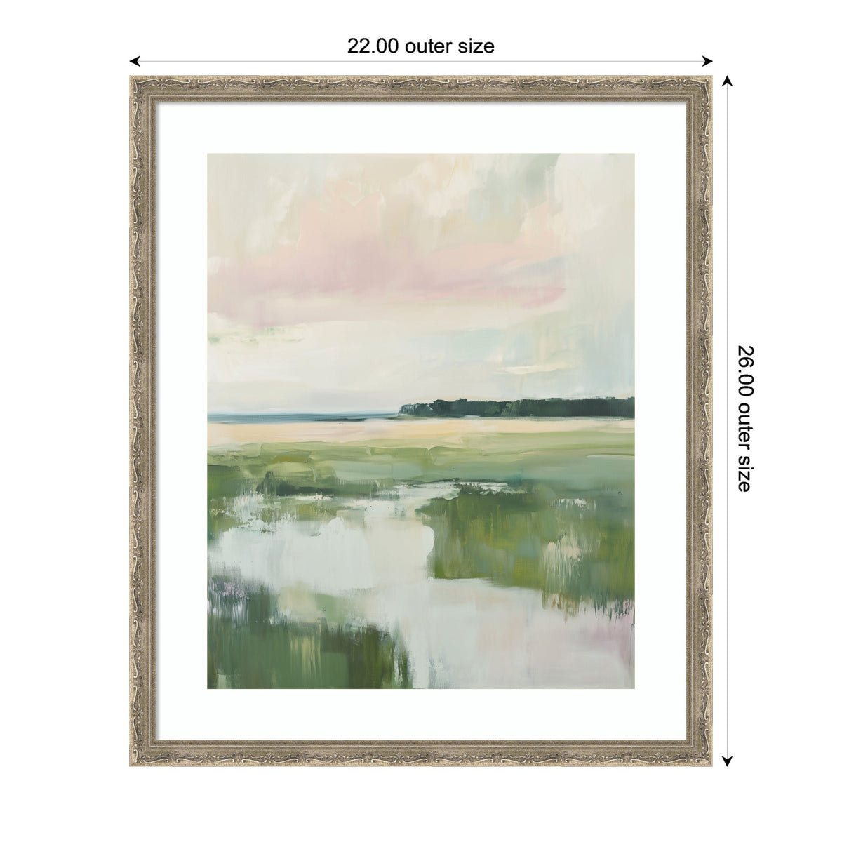 Soft pastel landscape painting depicting a marsh with water reflecting pink and green hues under a cloudy sky, framed with ornate light gold detailing.