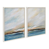 Two framed canvas paintings depicting abstract coastal landscapes with blue water, earthy browns, and soft pastel skies blending into each other.