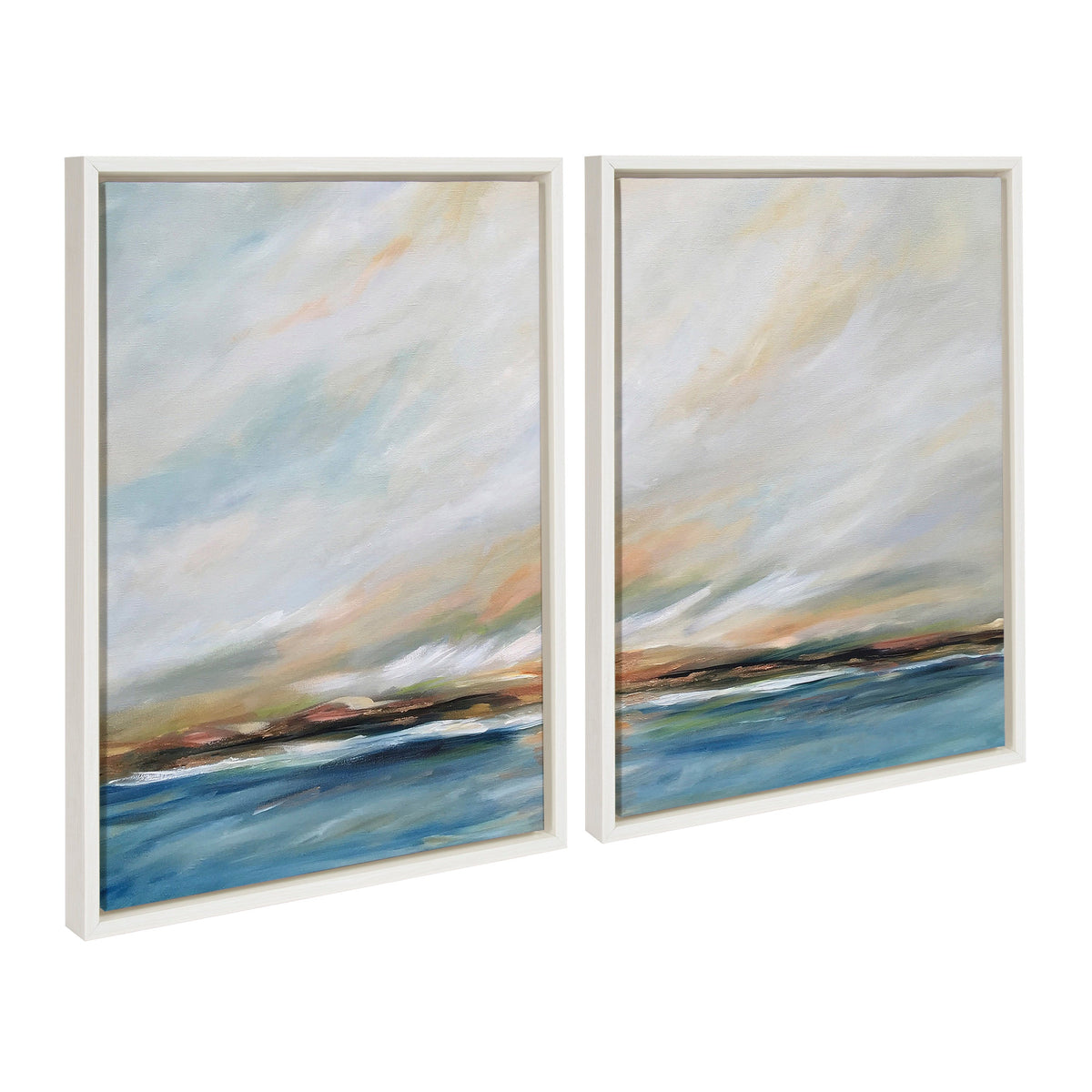 Two framed canvas paintings depicting abstract coastal landscapes with blue water, earthy browns, and soft pastel skies blending into each other.
