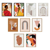 Nine framed art pieces including warm-toned abstract female figures, soft muted geometric shapes, earthy botanical forms, and pastel rainbows, arranged in a loose grid.
