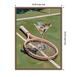 Still life painting of a pink tennis racket lying on a green tennis court with a martini glass holding two olives balanced on the racket strings, framed and measured 18x24 inches.