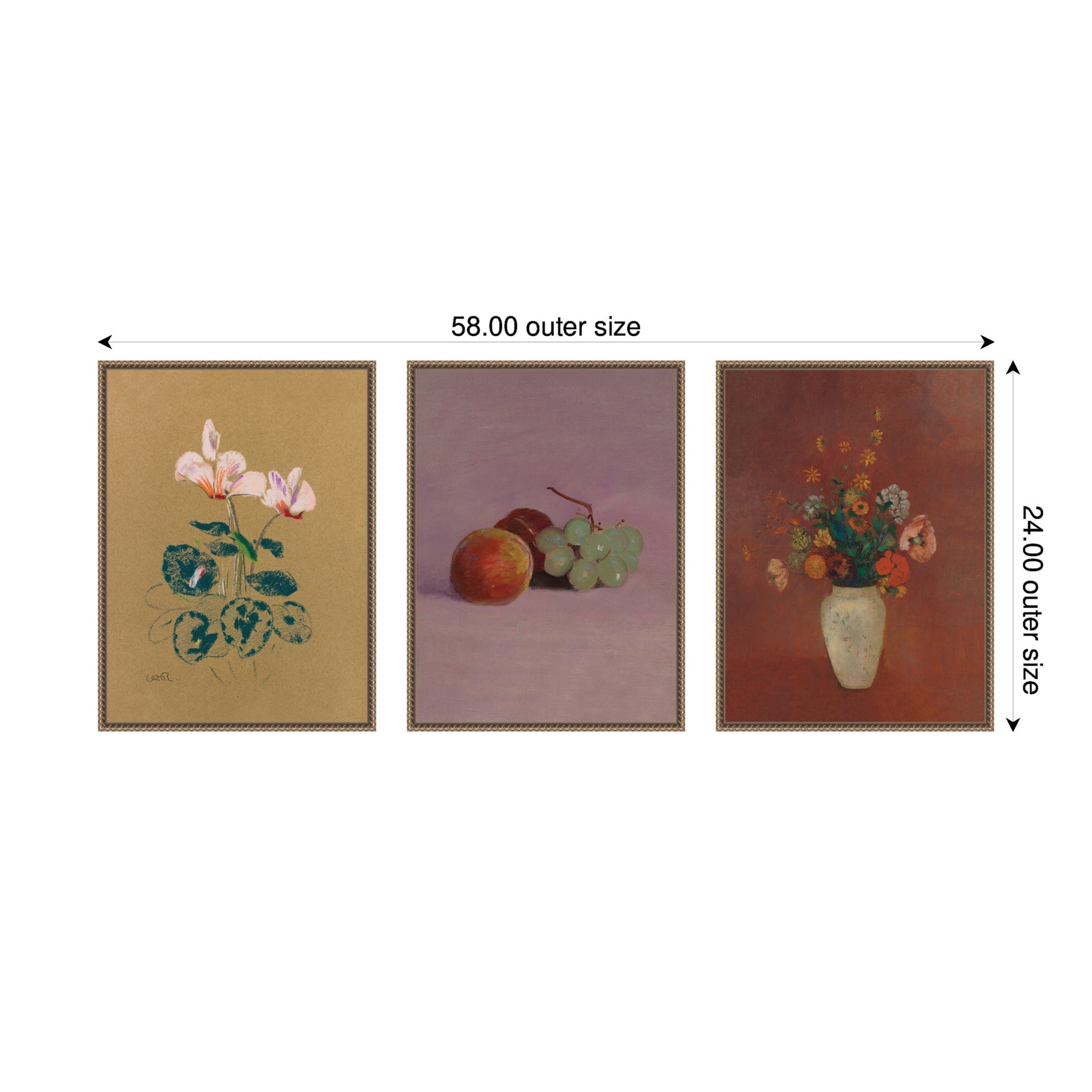 Cyclamen, Still Life with Fruit, & Bouquet in a Chinese Vase Odion Redon 3 Piece Framed Canvas Wall Art Set by Nostalgia Prints