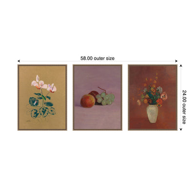 Cyclamen, Still Life with Fruit, & Bouquet in a Chinese Vase Odion Redon 3 Piece Framed Canvas Wall Art Set by Nostalgia Prints