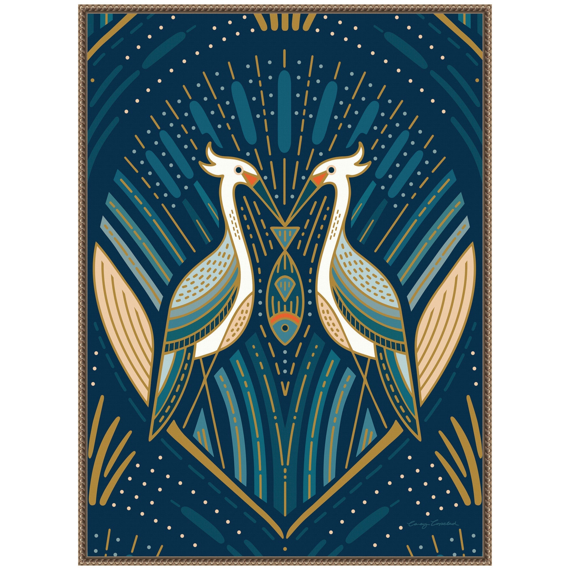 Sylvie Art Deco Herons Blue Framed Canvas by Carey Copeland