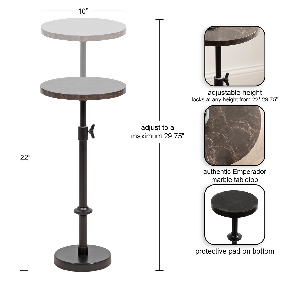 Adjustable marble table and plant stand with two circular Emperador marble tabletops and a black metal base, showing height adjustment from 22 to 29.75 inches.