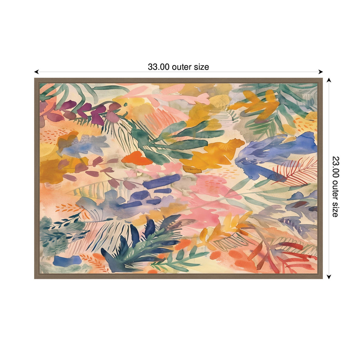 Abstract floral painting with layers of colorful leaves and brushstrokes in pink, yellow, blue, and green hues framed in a neutral wood frame