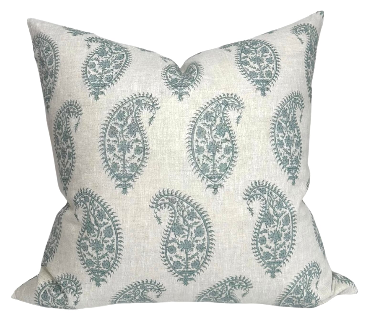 Paisley Pillow Cover in Celadon showing front paisley design and ivory linen back