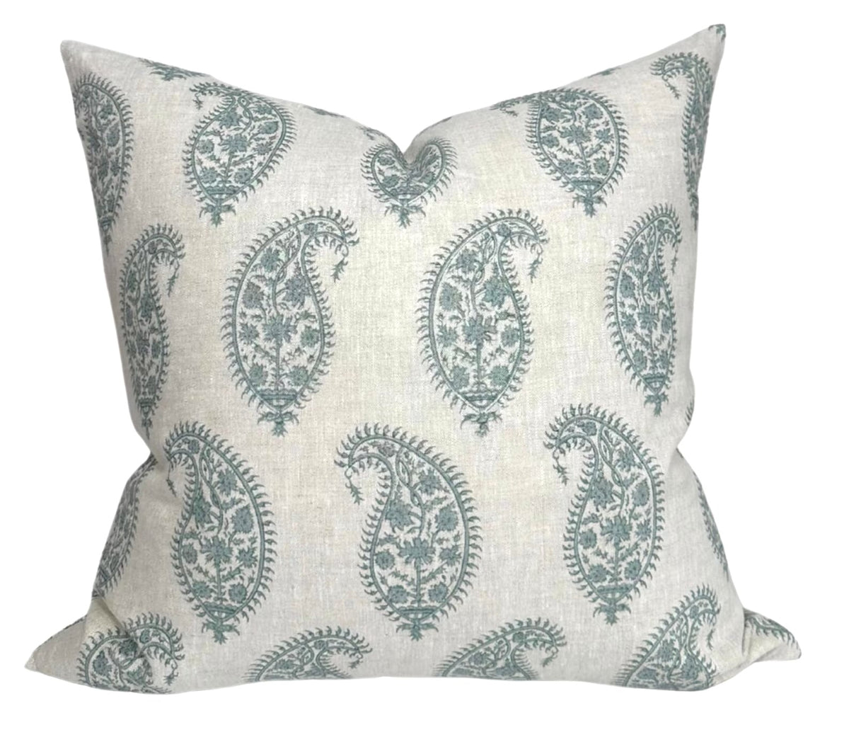 Paisley Pillow Cover in Celadon showing front paisley design and ivory linen back