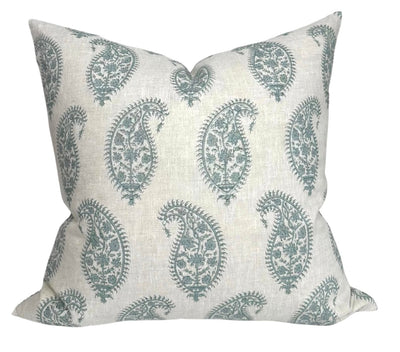 Paisley Pillow Cover in Celadon showing front paisley design and ivory linen back
