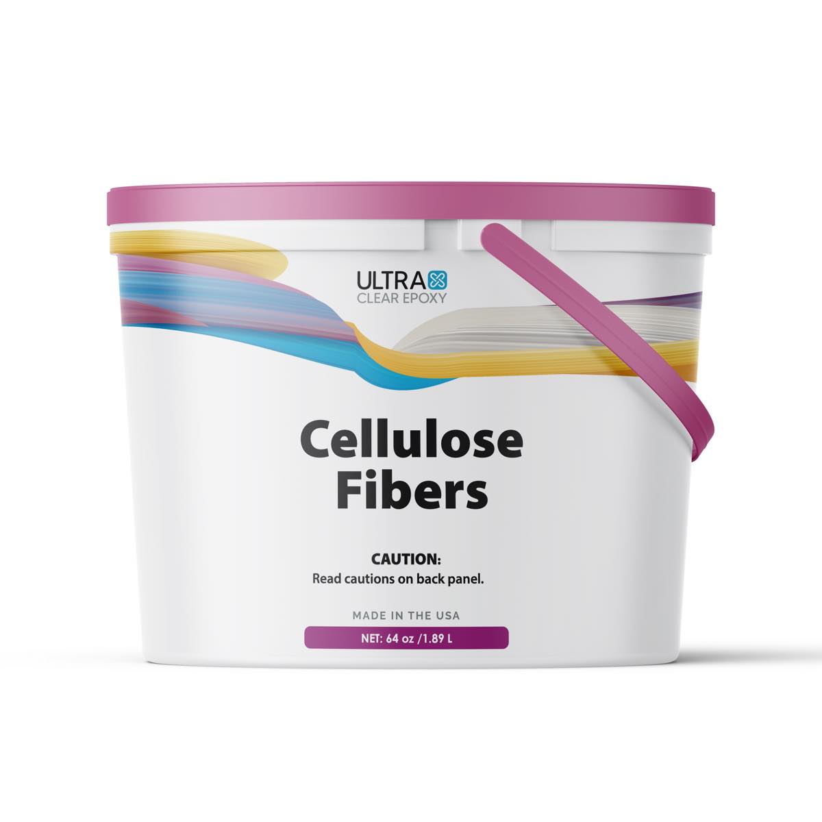 Container of cellulose fibers with a colorful label on a white background