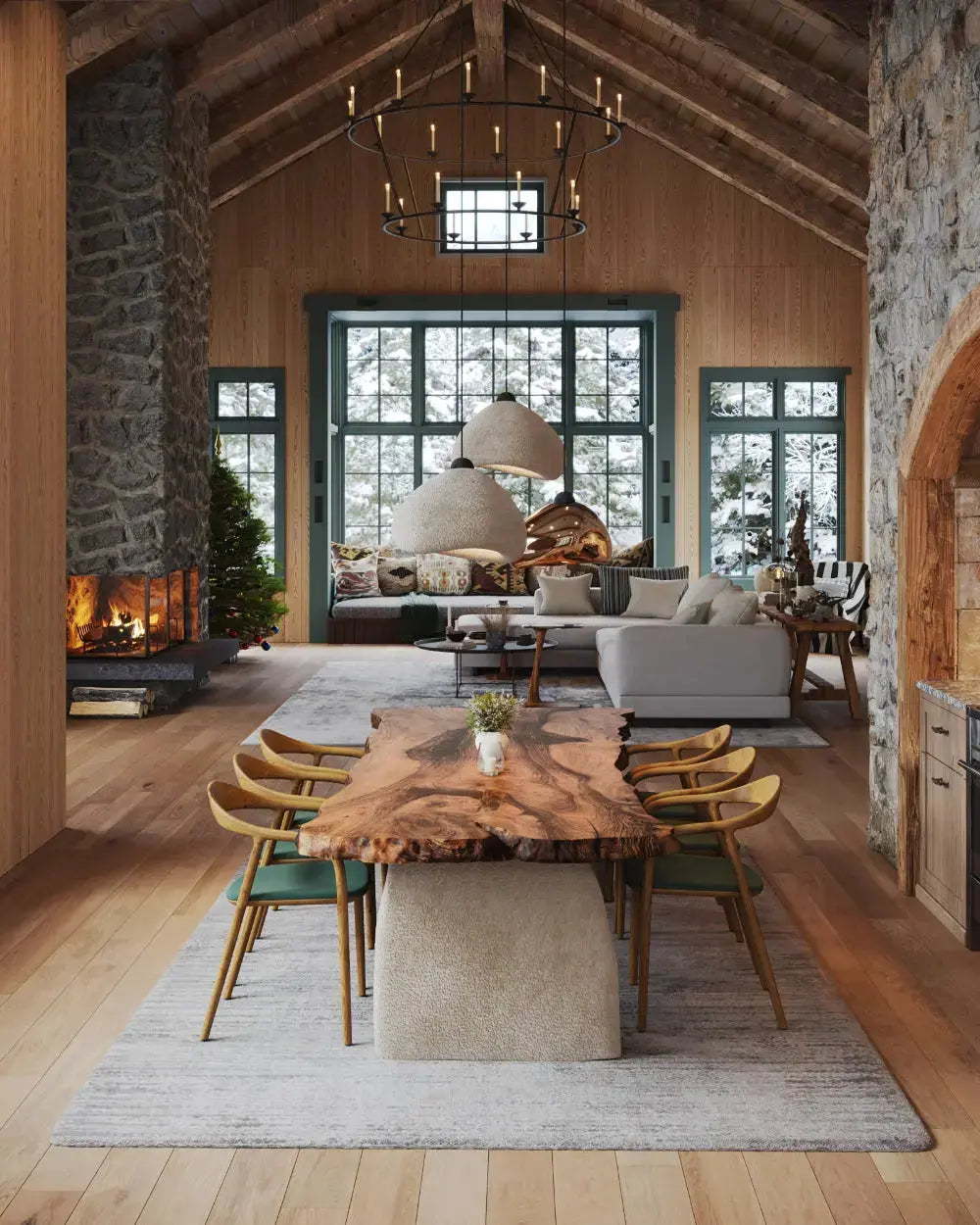 Wabi Sabi style solid walnut wood dining table with stone-inspired legs