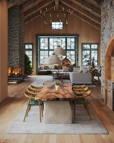 Wabi Sabi style solid walnut wood dining table with stone-inspired legs