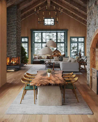 Wabi Sabi style solid walnut wood dining table with stone-inspired legs