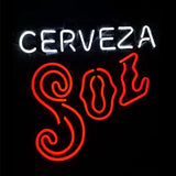 Cerveza Sol Neon Sign showing bright yellow and red neon tubes attached to a metal grid backing.