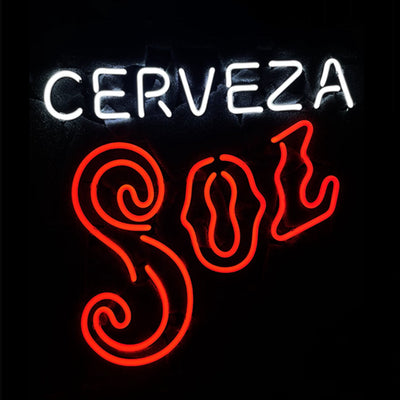 Cerveza Sol Neon Sign showing bright yellow and red neon tubes attached to a metal grid backing.