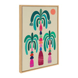 Framed canvas featuring three stylized palm trees with layered, colorful trunks in pink, red, green, and blue hues, topped with curved teal fronds and a small coral sun in the top right corner.