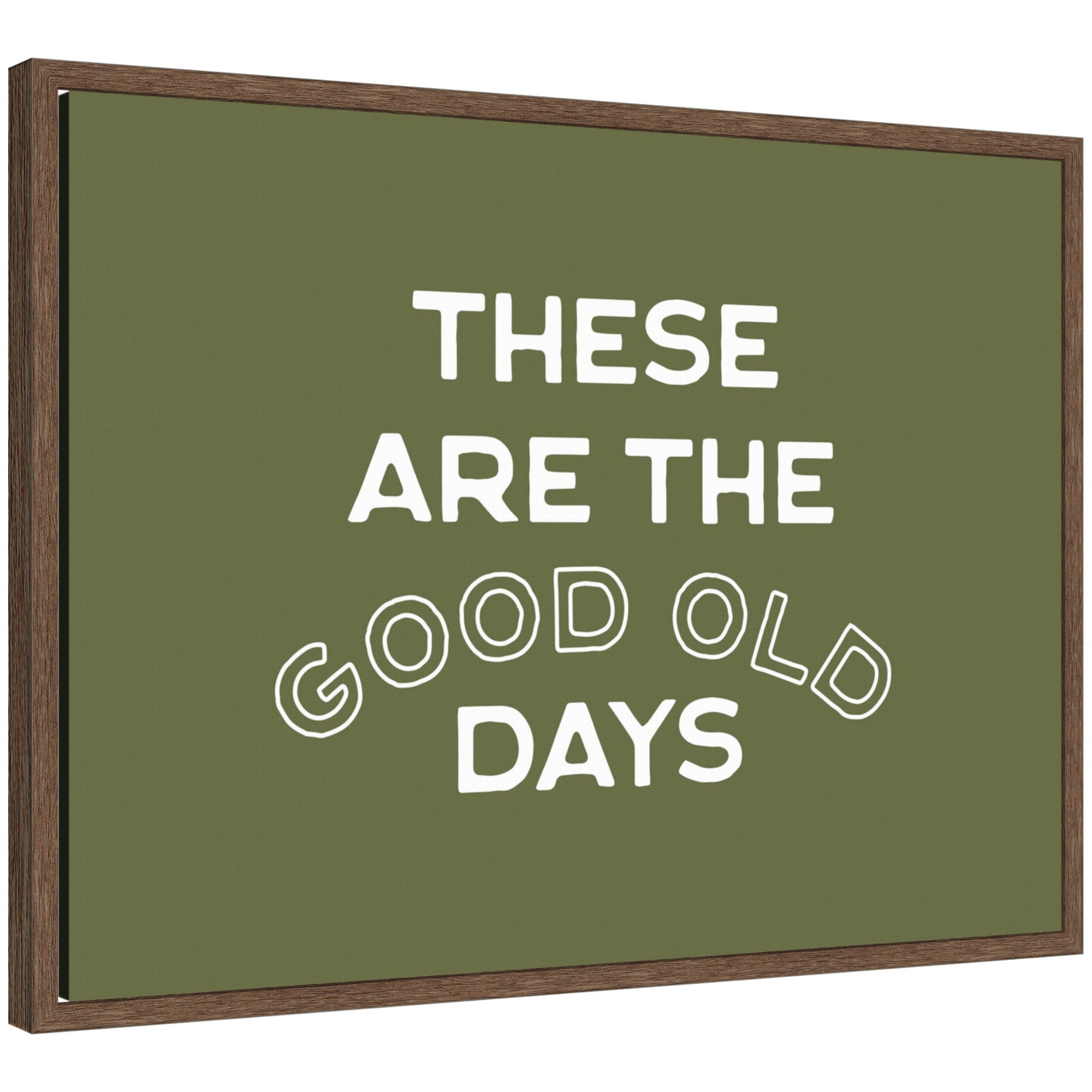 Framed canvas wall art featuring 'These Are the Good Old Days' stamped lettering in sage green with walnut brown frame