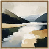 Abstract landscape painting featuring broad horizontal brushstrokes of muted blues, greens, beige, and white depicting a serene mountain lake scene with distant hills.