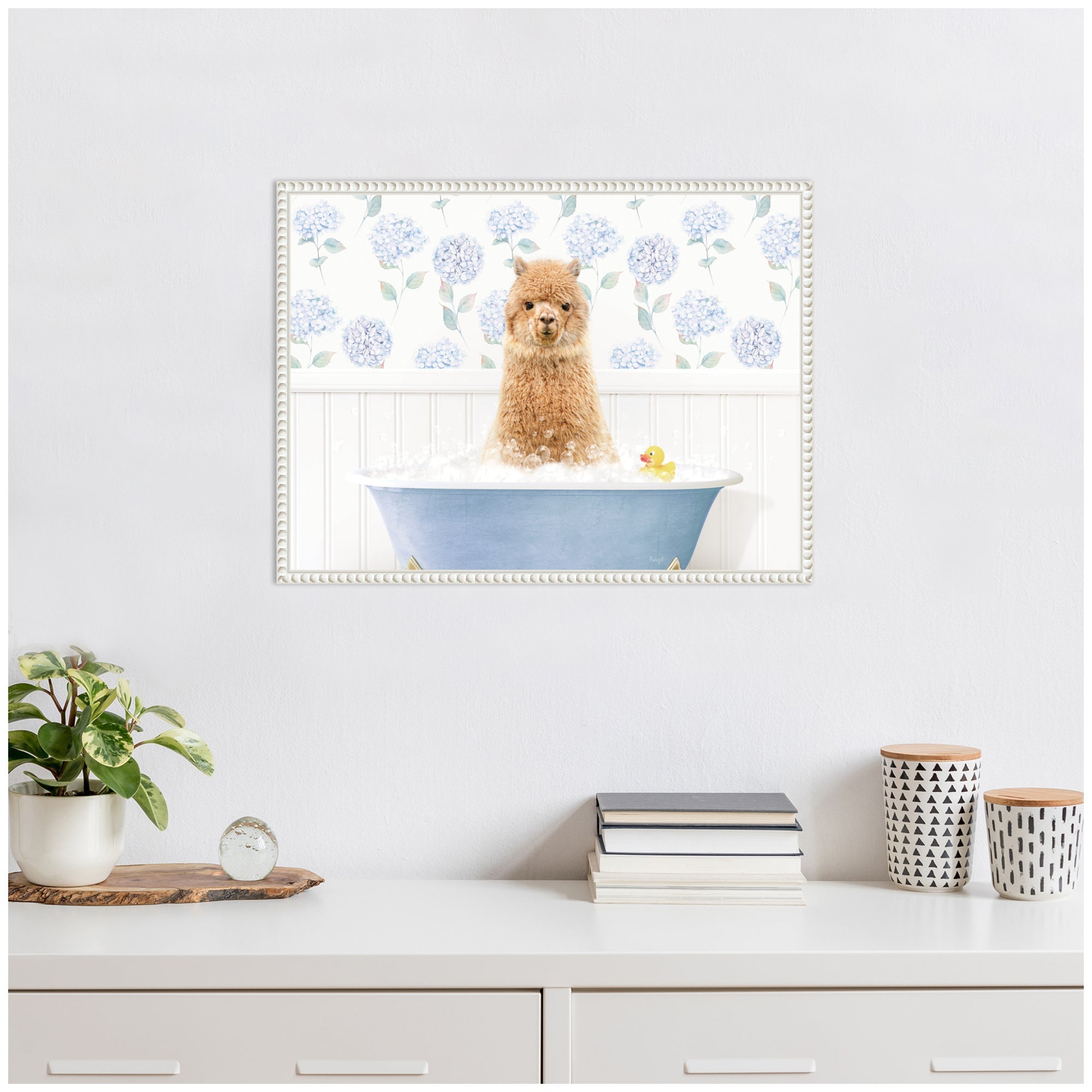 Sylvie Baby Alpaca in Hydrangea Bubble Bathtub Framed Canvas by Amy Peterson