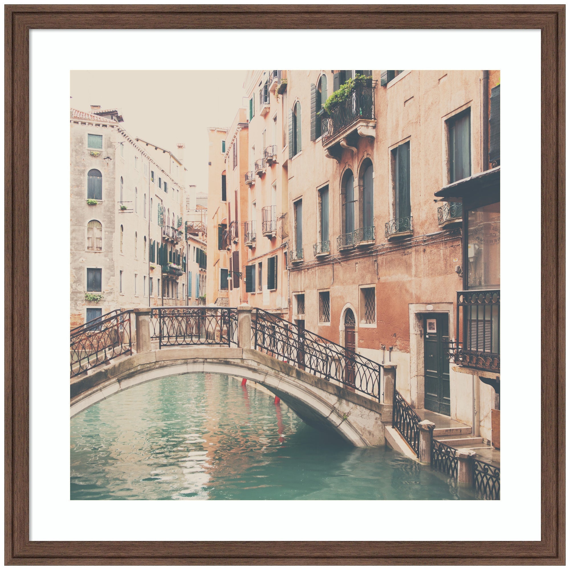 Framed art print titled 'Wandering The Streets of Venice' showing a serene canal with arched bridge and historic buildings in Florence Medium Brown frame