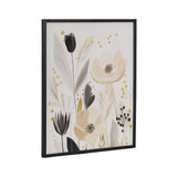 Muted floral abstract print with beige, black, and gold flowers and leaves on a white background framed in thin black wood.