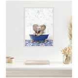 Painting of a baby elephant sitting in a small blue clawfoot bathtub against a floral wallpaper with white wainscoting and blue patterned floor tiles.