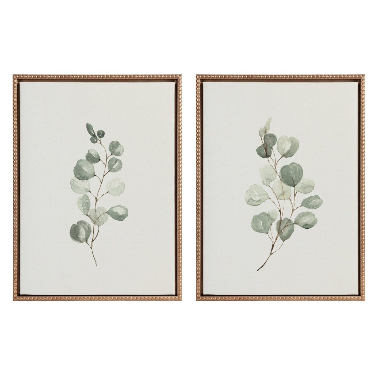 Two framed canvas eucalyptus prints with gold vintage beaded frames hung on white wall