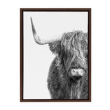Black and white close-up of a Highland cow with shaggy fur covering its eyes and a long curved horn, framed in dark wood against a white background.