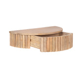 Rounded wooden side table with ribbed vertical slats forming a curved drawer partially open, showcasing natural wood grain and smooth top surface.