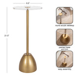 Tall side table with a 9.5-inch clear acrylic round tabletop and a gold-painted conical metal base, measuring 21.5 inches high, shown with assembly and detail highlights.