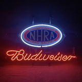 Oval neon sign with 'CHAMPIONSHIP NHRA DRAG RACING' in red and blue above glowing orange-red cursive 'Budweiser' lettering on a dark background