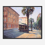 Impressionist painting of a street with a trolley car, palm trees lining the sidewalk, and warm-toned historic buildings under a partly cloudy sky.